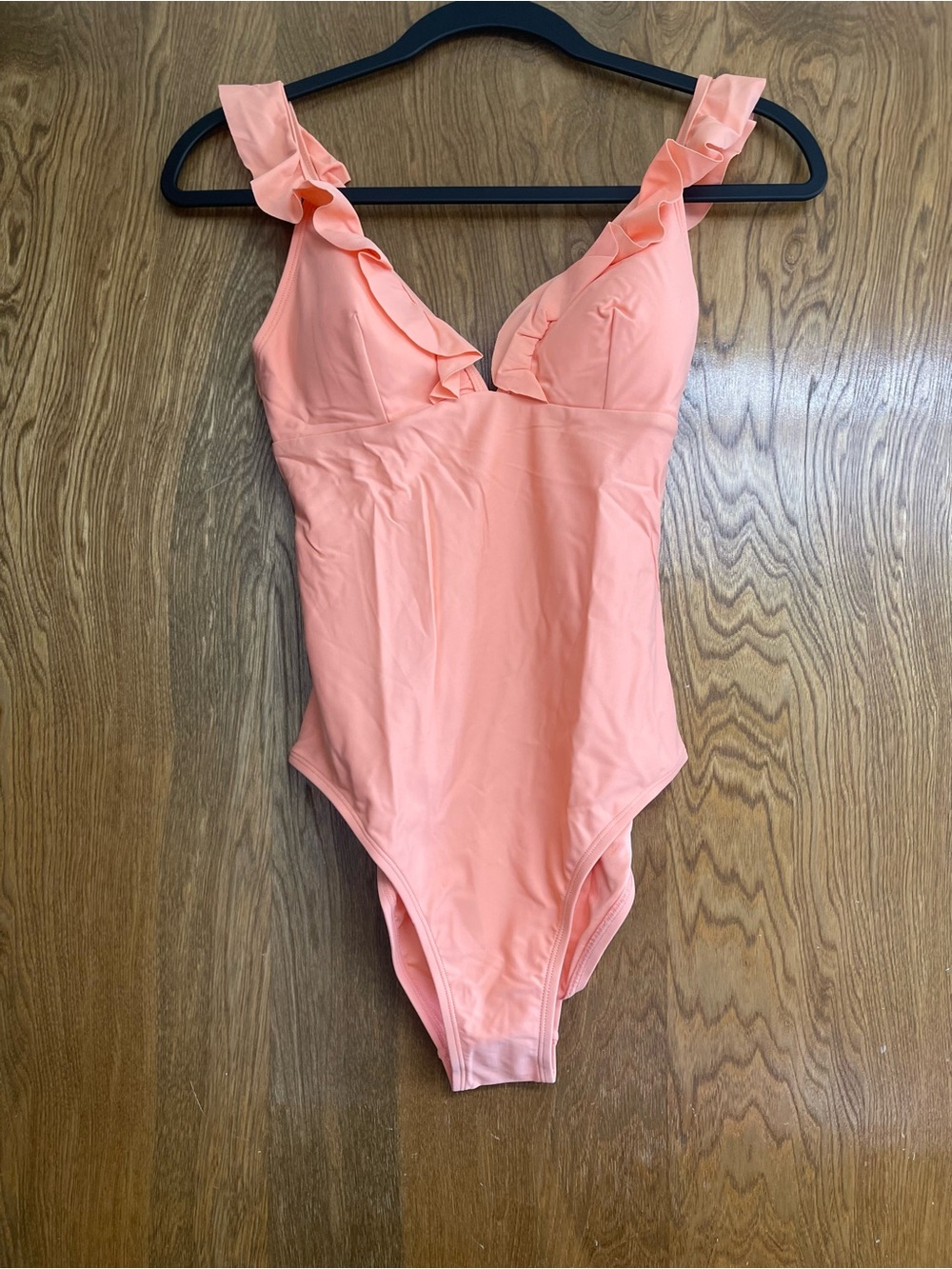 Small pink Ruffle Strap One-Piece Swimsuit - Peach v neck